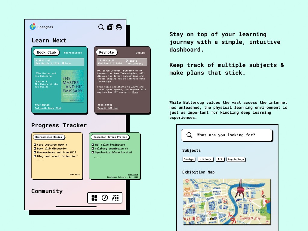 Lo-fi Buttercup prototype: dashboard for Learn Next, Progress Tracker, and community