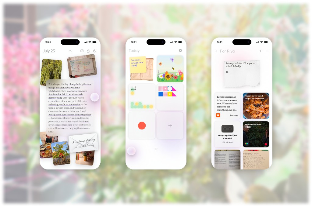 Glia app screens: journal, today, and shared collection