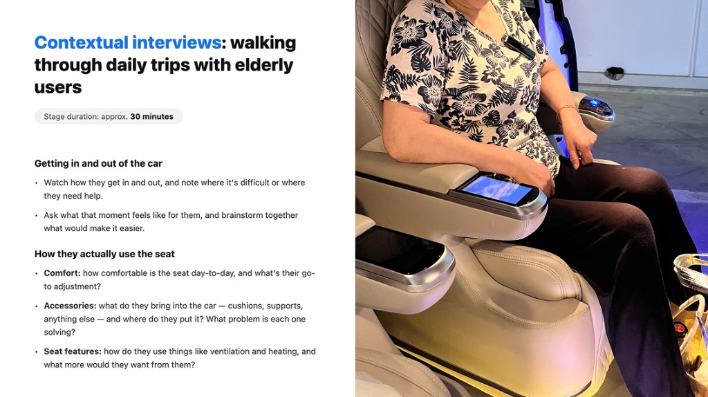 Contextual interviews: walking through daily trips with elderly users. Research protocol and seated interview photo