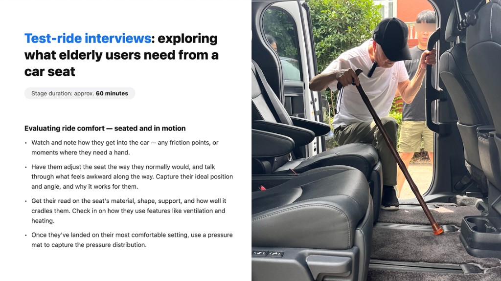 Test-ride interviews: exploring what elderly users need from a car seat. Research protocol and field photo of an older participant entering a vehicle