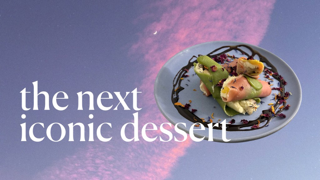 Sofi dessert on a plate against a purple sky (the next iconic dessert)